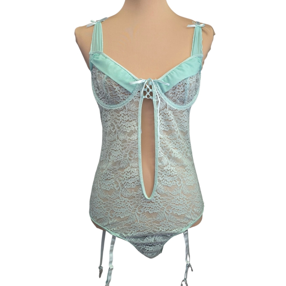 Women's Light Blue Elegant Lace Bodysuit Teddy With Garter Straps - XL
